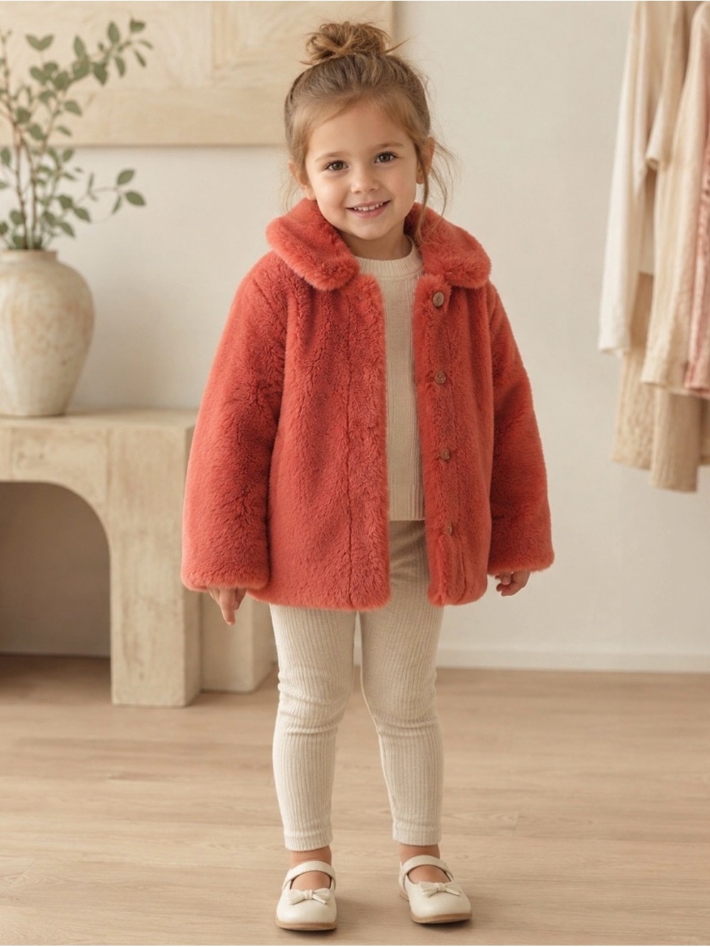Janie and Jack Girls' Faux-Fur Jacket in Coral Size 5/6